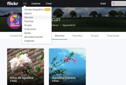 Vamos a la página principal de Flickr. En la barra superior hacemos clic en [Tú] y en el menú despegable elegimos [Álbumes]. En el panel central presionamos sobre el álbum que deseamos editar.