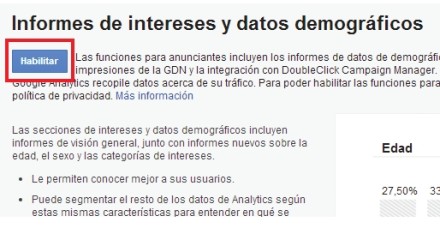 Accediendo a través del menú izquierdo a [Audiencia/Datos demográficos/Visión general], Analytics nos mostrará la pantalla que se muestra en la imagen. Hacemos clic en la opción [Habilitar].