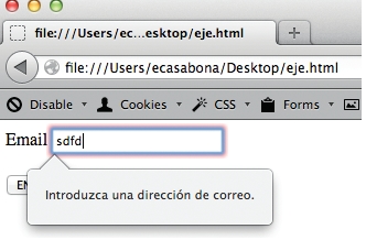 Así se verá en Firefox el mensaje de error cuando el usuario no introduzca una dirección de correo válida.
