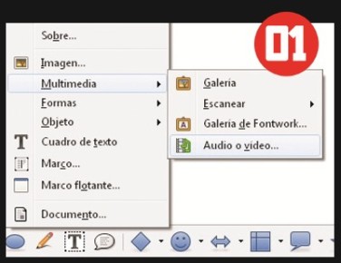 Abrimos un documento de LibreOffice Writer. En el menú [Insertar] seleccionamos [Multimedia/Audio o video]. También podemos escanear un documento.