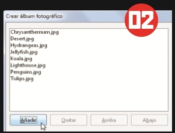 En la ventana Crear álbum fotográfico hacemos clic en [Añadir] para buscar los archivos de imagen que deseamos utilizar. Podemos agregarlos uno a uno o seleccionar varios simultáneamente para añadirlos en un solo paso.