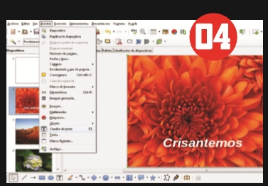 Automáticamente se creará una presentación con una diapositiva para cada imagen añadida. Podemos agregar efectos de animación y transición desde el menú [Presentación] y cuadros de texto desde el menú [Insertar].