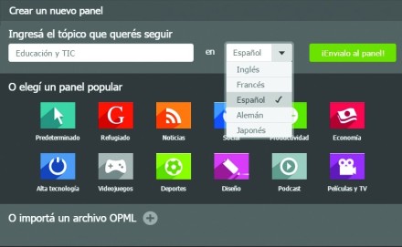 2-En la ventana Crear un nuevo panel escribimos el tema de interés para identificarlo y seleccionamos el idioma. También podemos utilizar algunos de los paneles ya creados que sugiere NetVibes. Finalmente, hacemos clic en [Envíalo al panel].