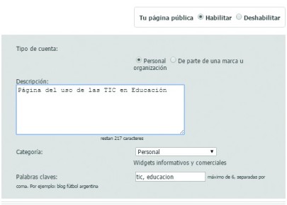 4-En la siguiente ventana vamos a la sección Tu página pública y tildamos la opción [Habilitar]. Podemos agregar una descripción, elegir una categoría y escribir etiquetas separadas por comas. Finalmente, hacemos clic en [Guardar cambios]. 