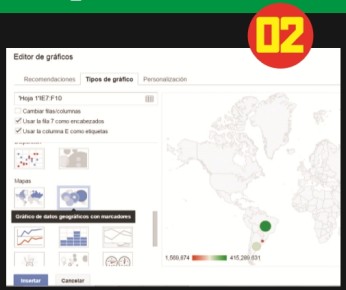 En la ventana Editor de gráfico vamos a la solapa [Tipo de gráficos] y movemos hacia abajo la barra de desplazamiento para llegar a la sección Mapas. Elegimos alguno de los tipos disponibles y luego hacemos clic en [Insertar].