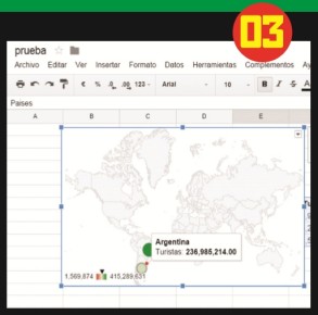 Al pasar el puntero del mouse por los puntos marcado en el mapa se podrán ver los datos de la serie, como en cualquier gráfico.