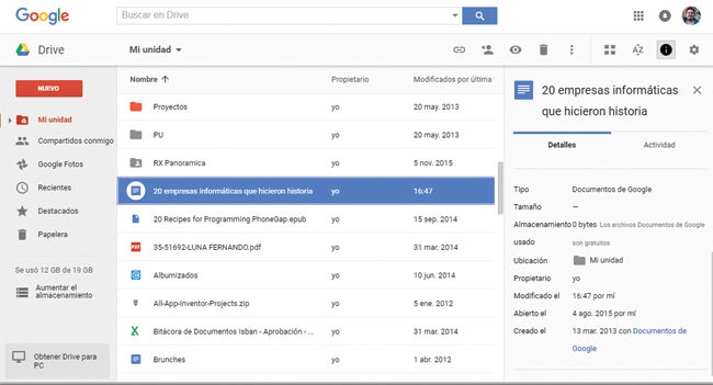 Google Drive, al igual que OneDrive y Dropbox, ofrece un sistema de visualización web simplificado que nos permite acceder fácilmente a nuestros recursos y apartados.