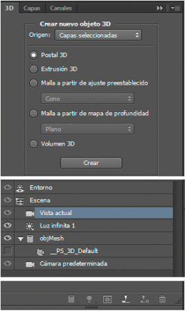 El panel 3D (ventana) y el menú 3D nos proporcionan un amplio abanico de opciones para modificar la escena y el objeto. Atención a los pequeños botones que disparan numerosas ramificaciones.