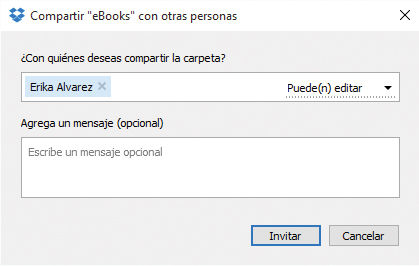 Dropbox ofrece usuarios para compartir de la lista de contactos de cuentas de correo conectadas que tengamos, así como también de usuarios con quienes ya hayamos compartido cosas.