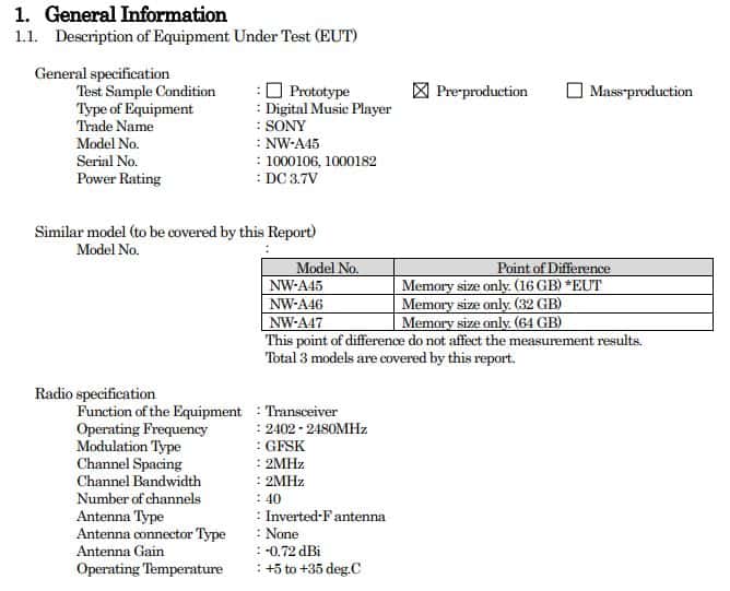 Documento de la FCC que detalla los tres nuevos modelos de Sony Walkman, aún no presentados por el fabricante japonés. 