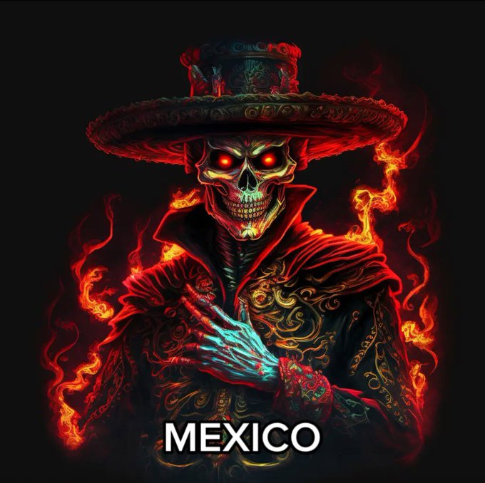 En el caso de México nos encontramos con un esqueleto en llamas y por alguna razón tres filas de dientes. Este quizás es uno de los mejores.